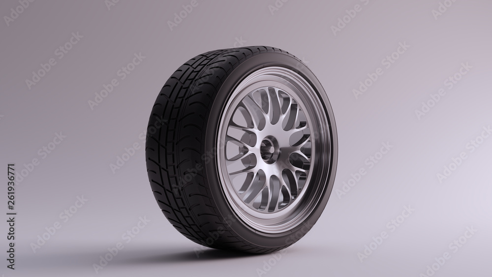 Alloy Rim Wheel with a Complex Multi Star Spoke Pattern Open Wheel Design Silver Chrome with Racing Tyre 3d illustration 3d render