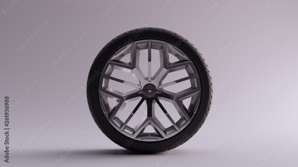 Alloy Rim Wheel with a Multi 5 Spoke Geometric Open Wheel Design Silver Chrome with Racing Tyre 3d illustration 3d render