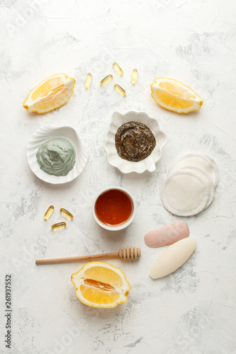 set from natural organic cosmetic products - honey, citrus lemon, coffee scrub, volcanic clay on white background, Beauty, skin or body care concept, copy space
