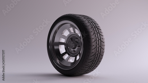 Alloy Rim Wheel Retro Wheel with a Semi Closed Design Silver Chrome with Racing Tyre 3d illustration 3d render