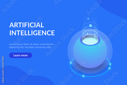 Mobile intelligence web template. Voice assistant. Supercomputer. Editable 3d isometric vector illustration.