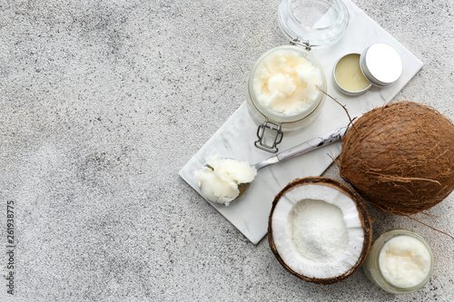 Composition with coconut oil on light background