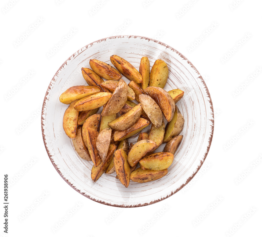 Plate with tasty baked potato on white background Plate with tasty baked potato on white background