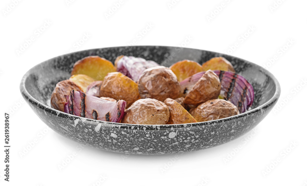 Plate with tasty baked potato on white background Plate with tasty baked potato on white background