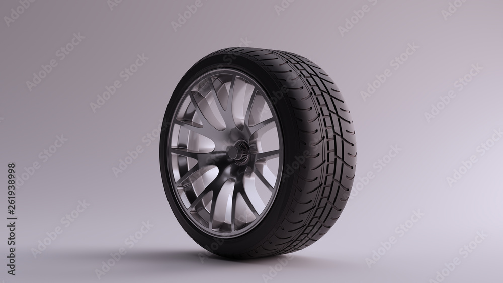 Obraz premium Alloy Rim Wheel with a Complex 14 Spoke Offset Open Wheel Design Silver Chrome with Racing Tyre 3d illustration 3d render