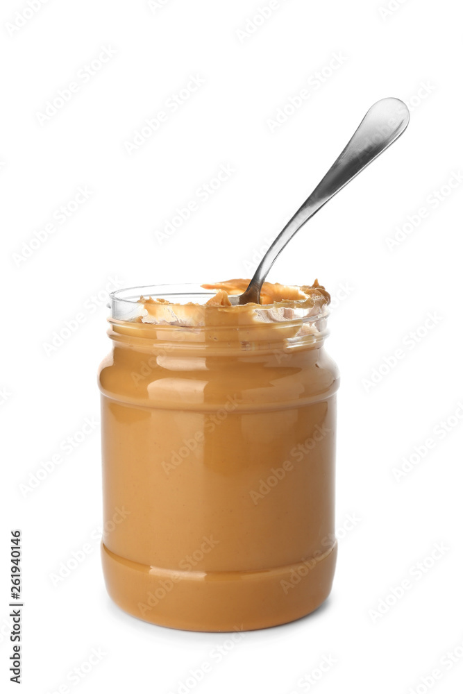 Jar with peanut butter on white background Jar with peanut butter on white background