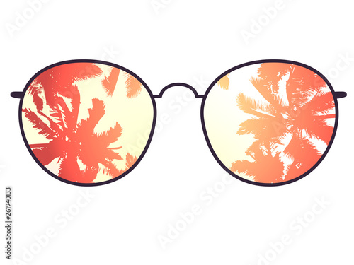 View of the palm trees through the sunglasses. Tropical sunset. Vector illustration