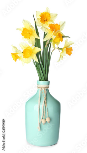 Wallpaper Mural Vase with beautiful daffodils on white background Torontodigital.ca