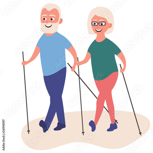 Happy old women dressed in sports clothing walking with Nordic walking poles. Cartoon character. Vector illustration