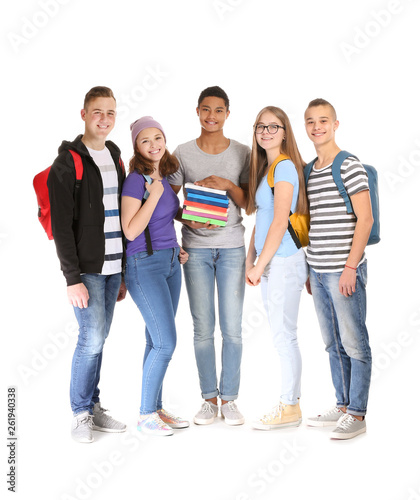Group of teenagers on white background