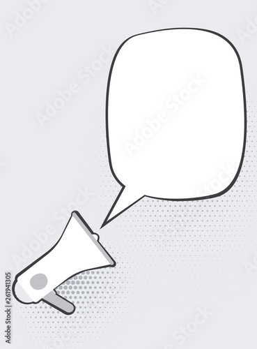 Grey poster with loudspeaker and blank speech bubble.