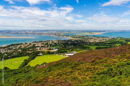 Dublin city view from the top of Howth Head, Ireland. Irish landscape with hills covered in lovely wildflowers, heather and gorse and houses built at the seashore, on a bright summer day.