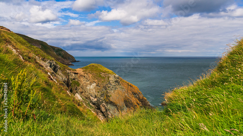 Green summer seascape of the beautiful Irish Coast with sheer cliffs covered in tall grass. Windy day on the Howth Cliff Walk in Co. Dublin, Ireland. 