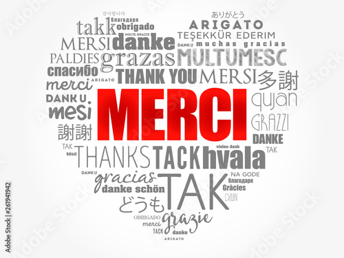 Merci (Thank You in French) love heart word cloud in different languages
