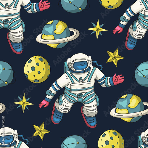 Astronaut vector seamless pattern.