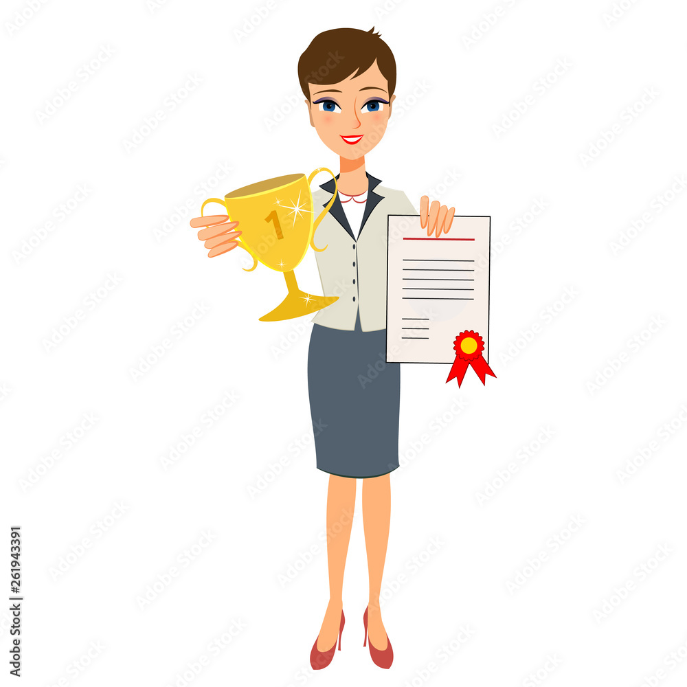 Business woman holding trophy cup and showing certificate Business woman holding trophy cup and showing certificate