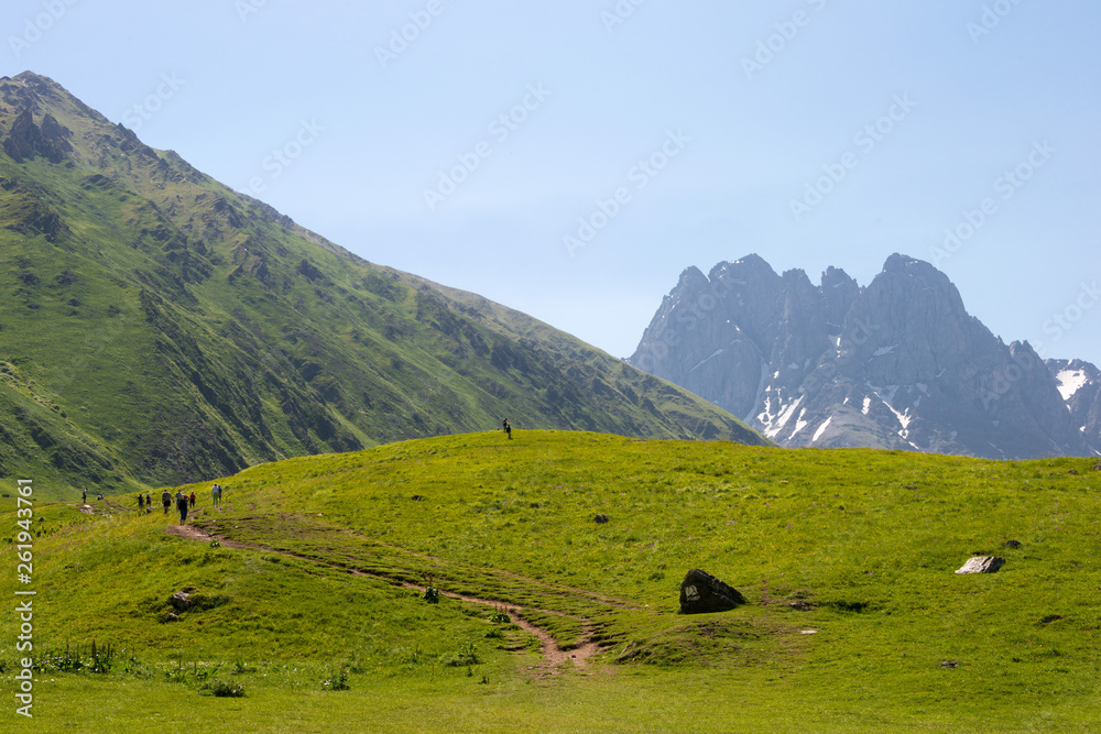 Kazbegi, Georgia - Jul 03 2018: Juta valley near Caucasus mountain. a famous landscape in Kazbegi, Mtskheta-Mtianeti, Georgia.