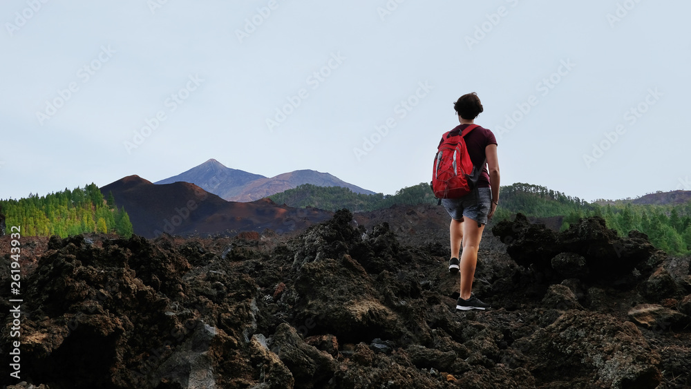 Female hiker looking at the volcanic landscape of Chinyero Special Natural Reserve, a lava territory with scarce vegetation and visible traces of the last eruption in Tenerife, Canary Islands, Spain