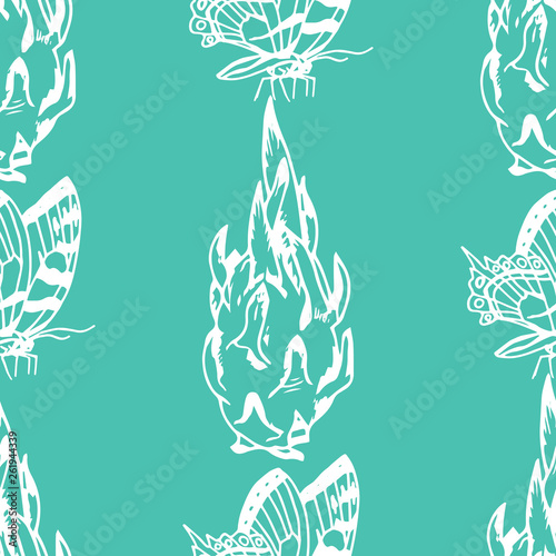 pitaya, pitahaya tropical fruit, butterfly seamless pattern