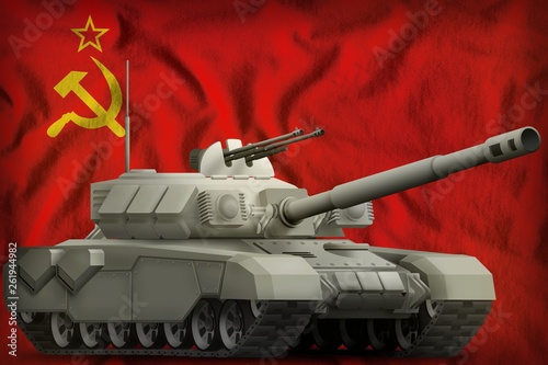 heavy tank on the Soviet Union (SSSR, USSR) national flag background. 9 May, Victory day concept. 3d Illustration photo