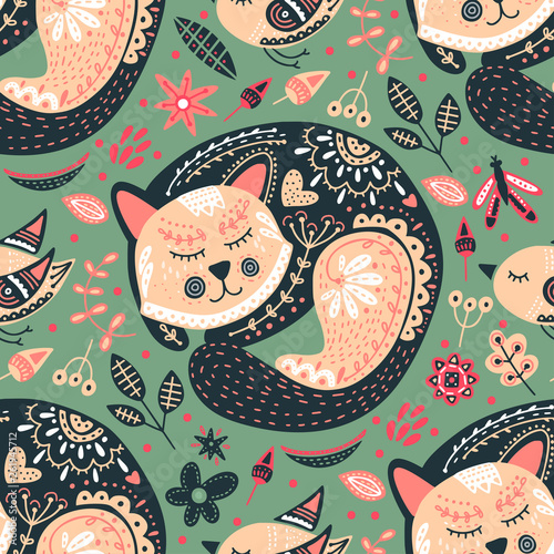 Tribal cat seamless vector pattern. © trihubova