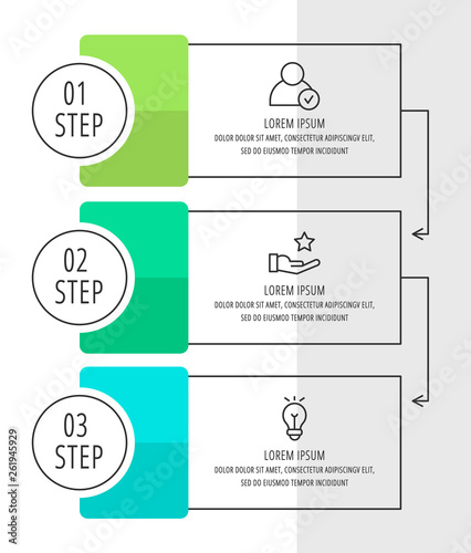 Modern vector flat illustration. Infographic template with three elements, icons, circles, box. Timeline designed for business, presentations, web design, interface, education, diagrams with 3 steps