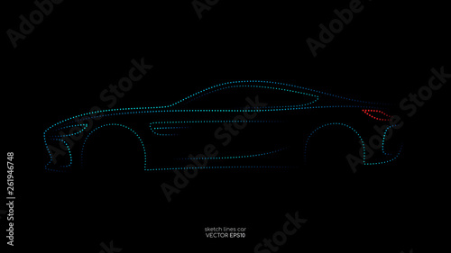 Modern car sketch dots line silhouette blue and green light isolated on black background in side view. Vector illustration in concept technology electric car, self drive car