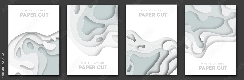 Plakat Paper Cut Wave Shapes. Layered white curve Origami design for business presentations, flyers, posters. Set of 4 vertical banners. 3D abstract map carving. Vector illustration