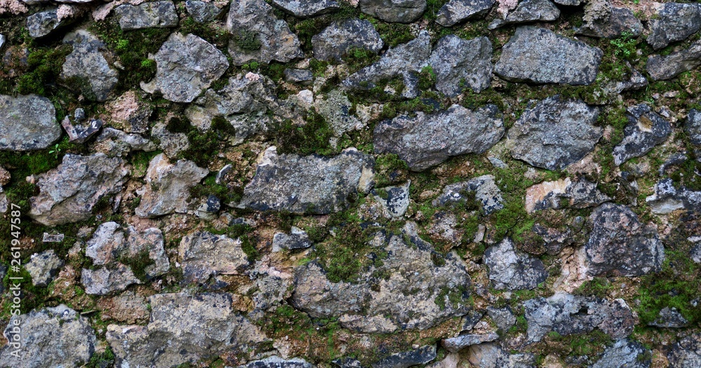 background wall of one old building with stones and moss
