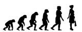 Painted theory of evolution of woman. Vector silhouette of homo sapiens. Symbol from monkey to cleaning lady.