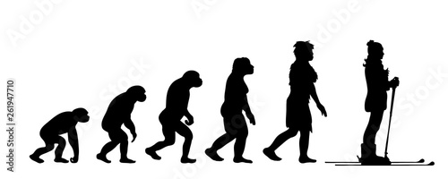 Painted theory of evolution of woman. Vector silhouette of homo sapiens. Symbol from monkey to skier.