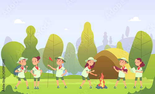 Scouts in camping. Cartoon kids at campfire in forest. Children have summer outdoor adventure. Vector illustration. Travel outdoor, scout and campfire