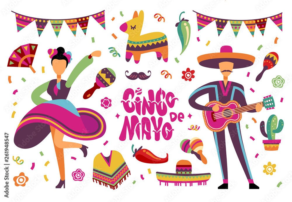 June party festival. Mexican or brazil fiesta elements with cartoon latino people. Vector set of people dancing on fiesta mexican festival illustration