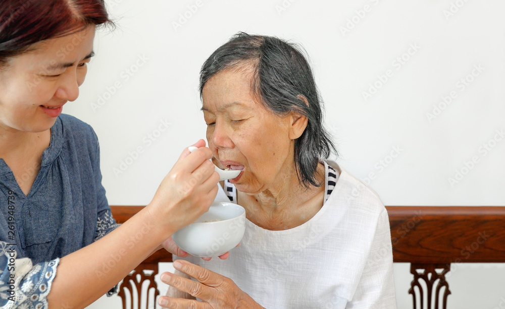 Caregiver feeding elderly parents