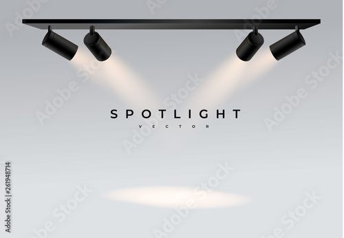 Four black moderns. Shine into place. spot. Spotlights with white light collection isolated on transparent background. Spotlight for show, bright beam from projector, vector illustration