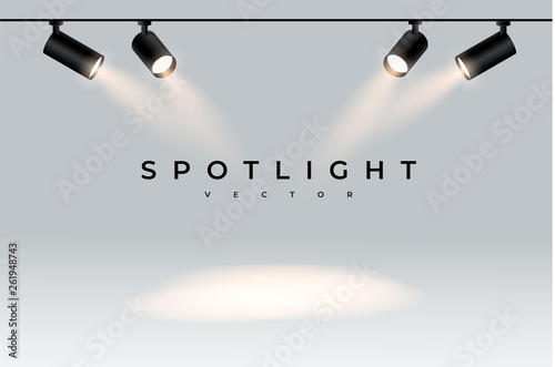 Four black moderns. Shine into place. spot. Spotlights with white light collection isolated on transparent background. Spotlight for show, bright beam from projector, vector illustration