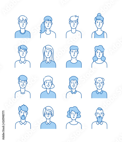 Line avatars. Happy people icons user flat outline male female avatar anonymous faces man woman cute guy internet profile vector set. Illustration of male and female, guy face avatar