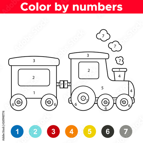 Educational game for preschool kids.Coloring by numbers. Vector cartoon train.