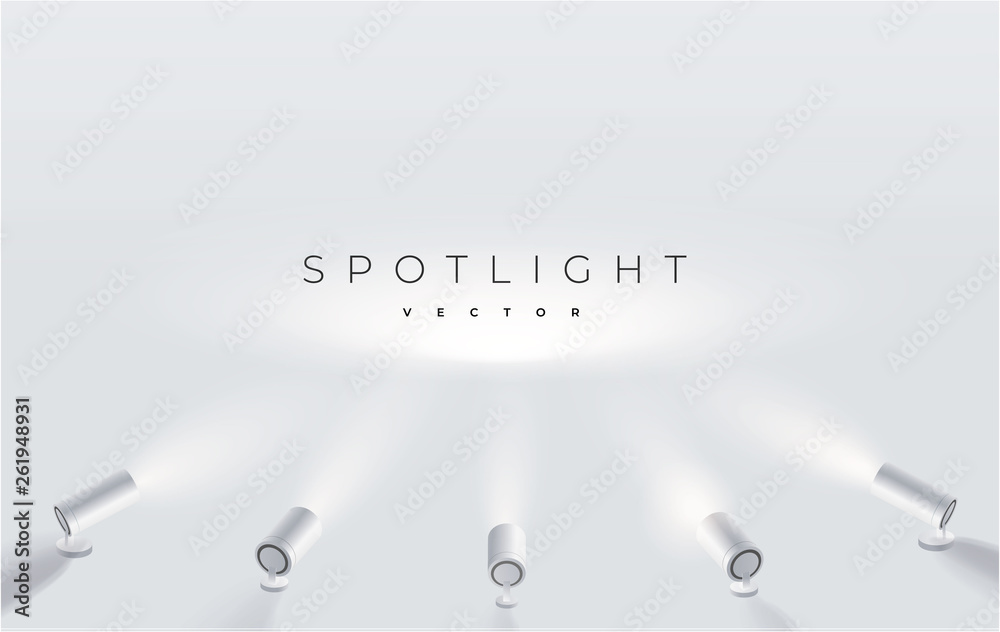 Five spotlights shine in one place. projector on the wall. Minimalistic design. Empty place. Vector illustration. Spotlights with bright white light shining stage vector set. - obrazy, fototapety, plakaty 