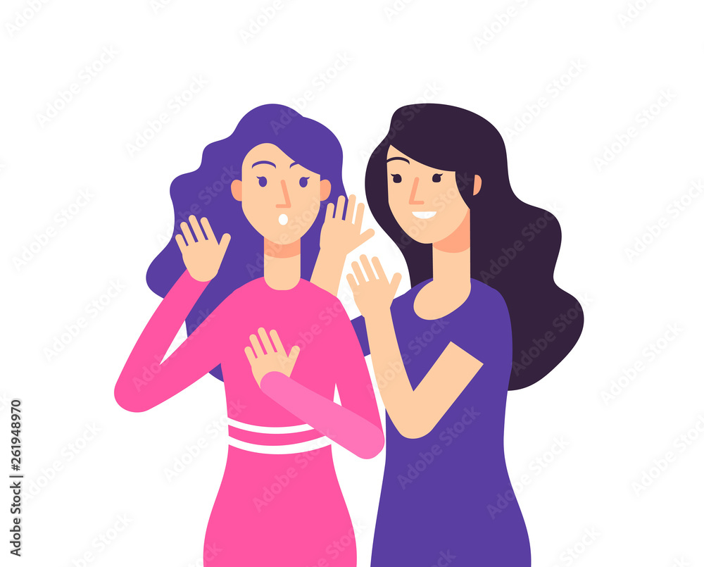 Secret. Female speaking rumor gossip whisper woman gossiping surprised lady secret whispering vector concept. Illustration of secret female, speak lady whisper Secret. Female speaking rumor gossip whisper woman gossiping surprised lady secret whispering vector concept. Illustration of secret female, speak lady whisper