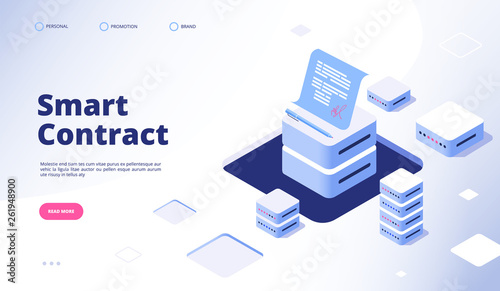 Smart contract concept. Digital signature document smart contracts finance data cryptography contractor agreement vector landing page. Illustration of signature smart contract document for business