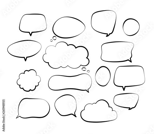 Outline speech bubbles. Doodle speech balloon sketch hand drawn scribble bubble talk cloud comic line retro shouting shapes vector set. Illustration of outline bubble speech for communication