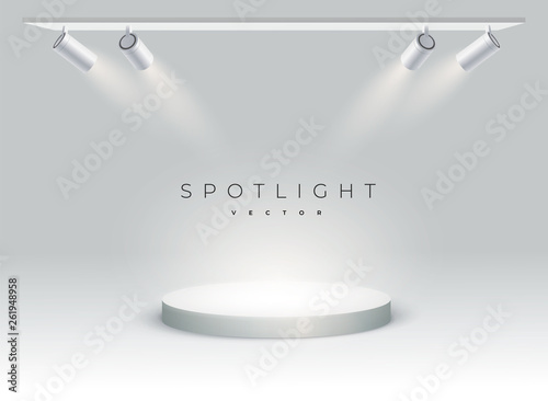 Leinwand Poster Five modern spotlights shine on the podium, spot, stage