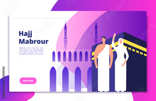 Hajj concept. Umrah hajj pray saudi people prayers mabrour muslims travel makkah al haram modern flat vector mecca kaaba background. Pilgrimage near mosque, muslim mecca illustration