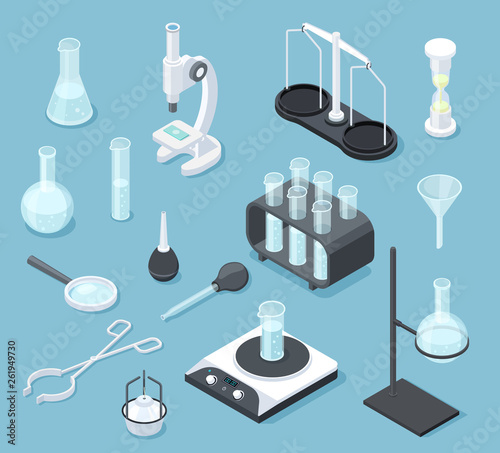 Chemical laboratory equipment isometric. Lab glasses drug testing chemicals microscope flask chemistry equipment isolated vector set. Illustration of medical lab, research experiment