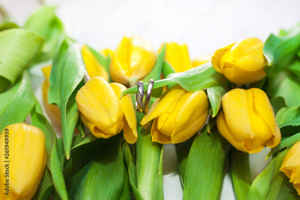 bouquet of yellow tulips on white background with two wedding rings bouquet of yellow tulips on white background with two wedding rings