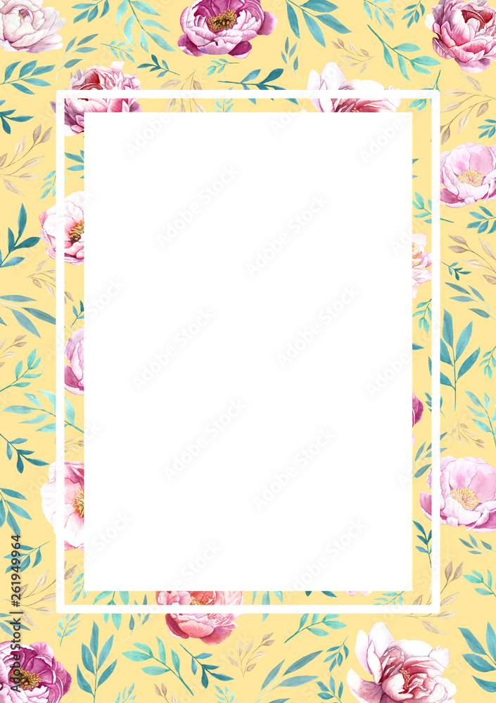 Botanic card with flowers, leaves. Spring ornament concept. Floral poster, invite. Layout decorative greeting card or invitation design background. Hand draw illustration Botanic card with flowers, leaves. Spring ornament concept. Floral poster, invite. Layout decorative greeting card or invitation design background. Hand draw illustration