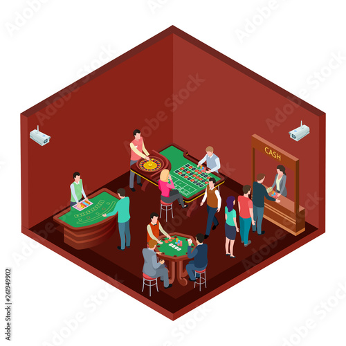 Gambling, casino room with people isometric vector design. Casino isometric, poker and jackpot, interior of room for gamble game illustration