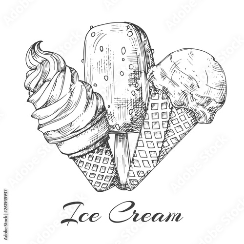 Hand drawn ice cream logo. Sketch of ice cream vector isolated on white background. Illustration of ice cream food, drawing delicious