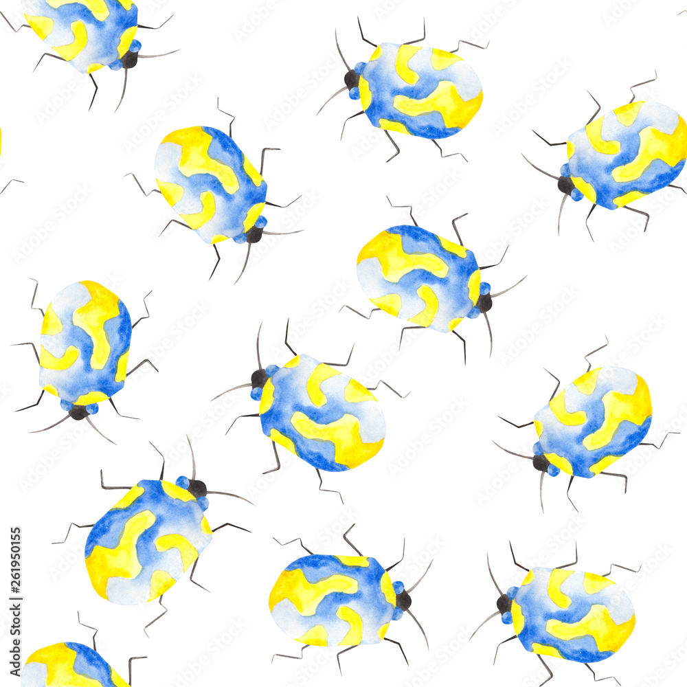 Watercolor pattern of insects, ladybugs, bedbugs, beetles with leaves on a white background. 